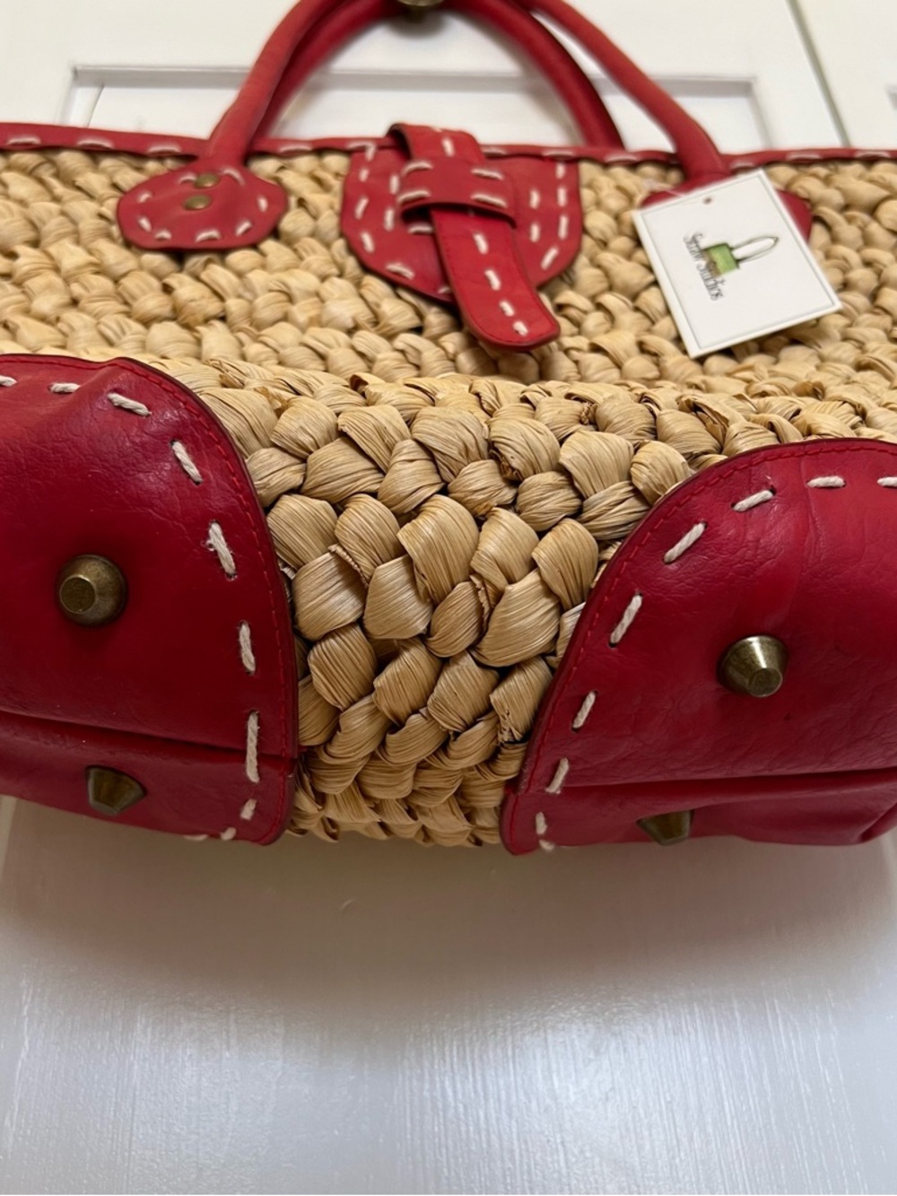 Straw Studios Natural Straw Tote with Red Trim and Handles - Picture 5 of 7